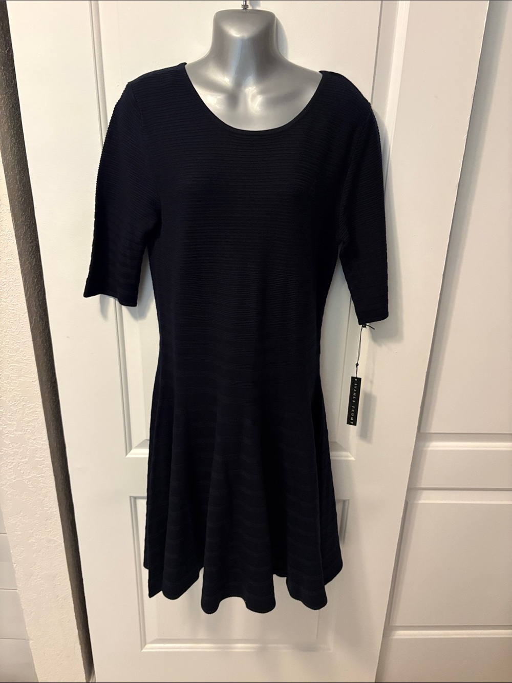 Ivanka Trump Black Ribbed Scoop-Neck Midi Dress with Flared Skirt